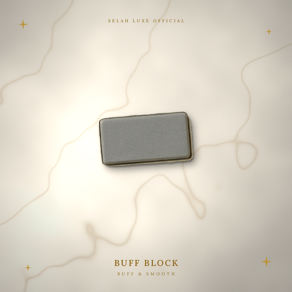 Selah Luxe Official buff block on a cream marble background.