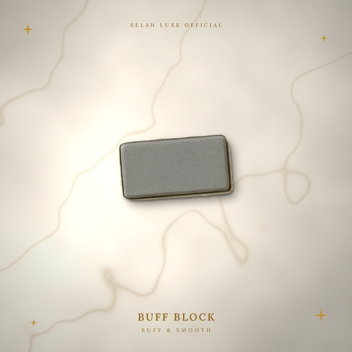 Selah Luxe Official buff block on a cream marble background.