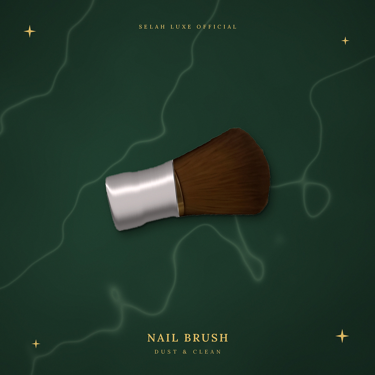 Selah Luxe Official nail brush on a dark green background.