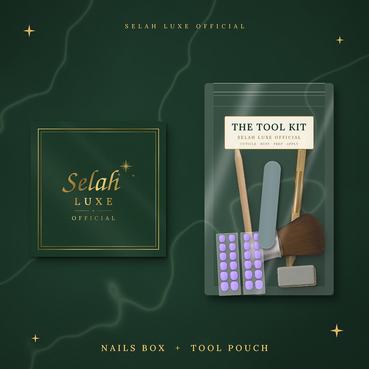 Illustration of the Selah Luxe Official green nails box next to The Tool Kit pouch with cuticle stick, nail file, gold pusher, brush, buff block and adhesive pads