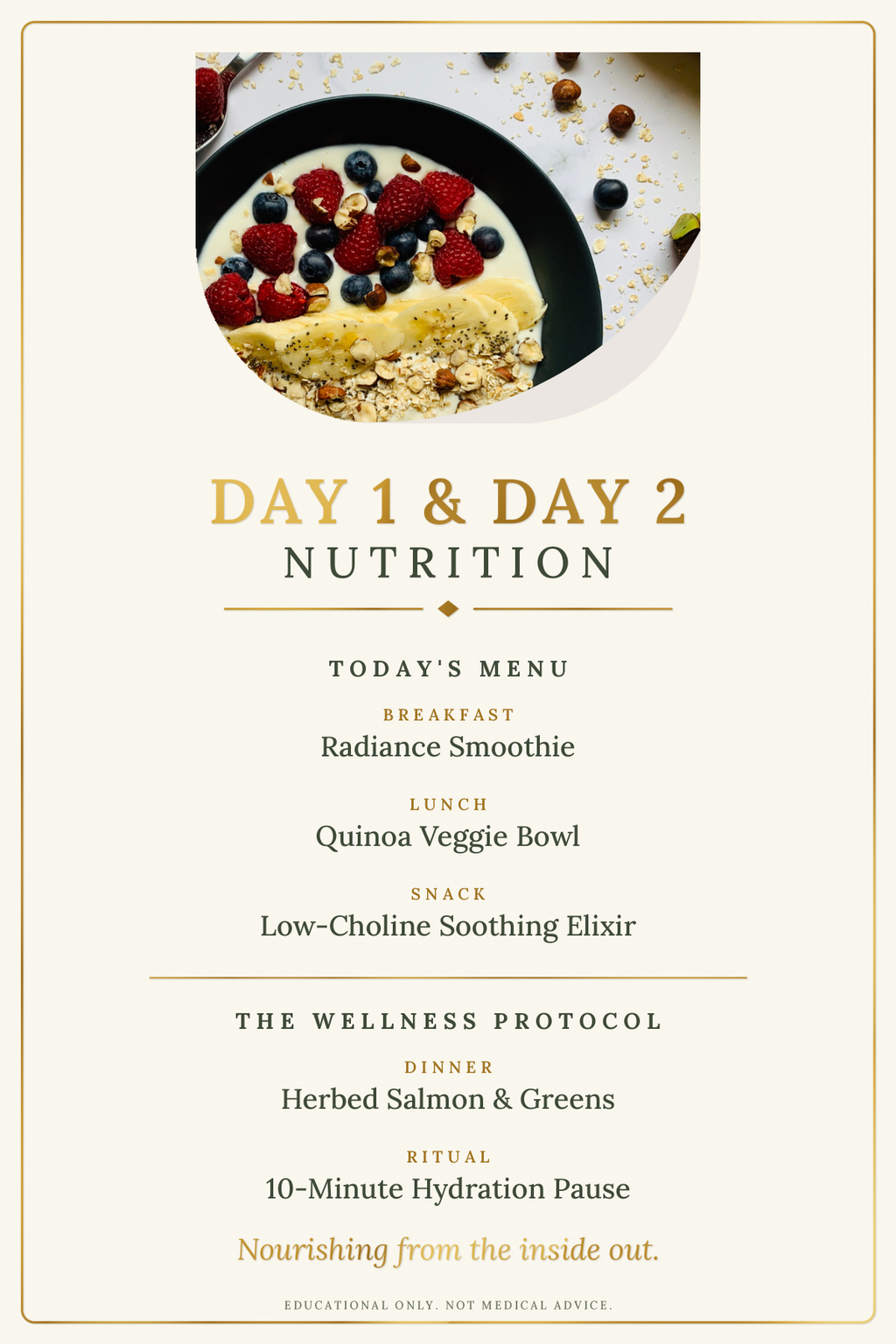 Printable Day 1 and Day 2 meal plan page with breakfast, lunch, snack, dinner and a 10-minute hydration pause, Selah Luxe Official.