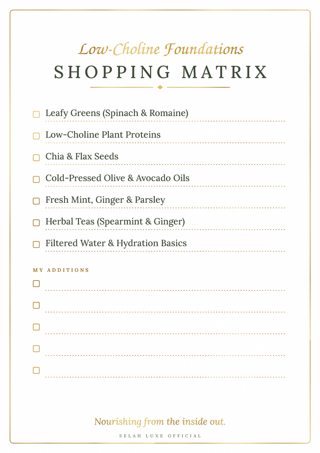 Printable shopping checklist page with gold checkboxes and lines, Selah Luxe Official.