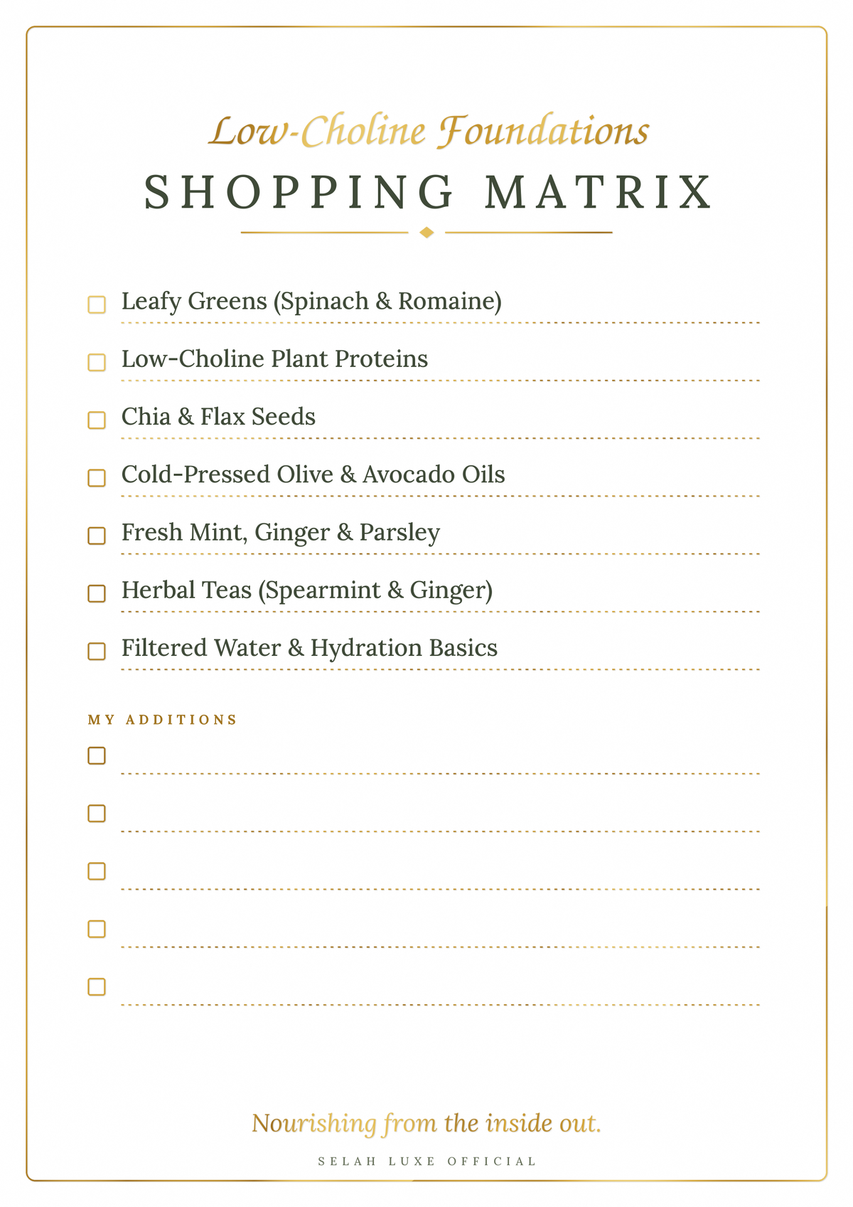 Printable shopping checklist page with gold checkboxes and lines, Selah Luxe Official