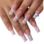 Long square press-on nails with a pink base and white swirl French tips on a hand, nails-only refill set with application kit.