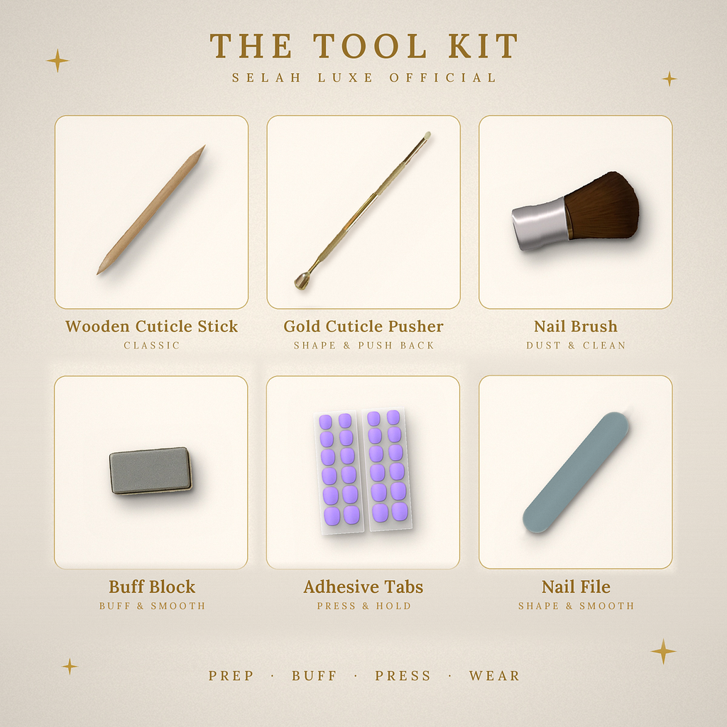 Selah Luxe Official tool kit with wooden cuticle stick, nail file, gold cuticle pusher, nail brush, buff block and adhesive pads.