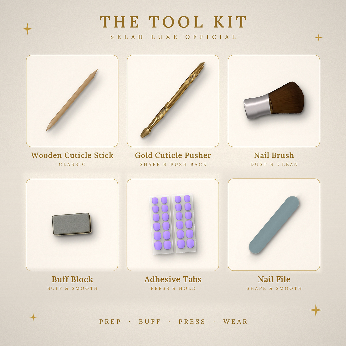 Selah Luxe Official tool kit with wooden cuticle stick, nail file, gold cuticle pusher, nail brush, buff block and adhesive pads.
