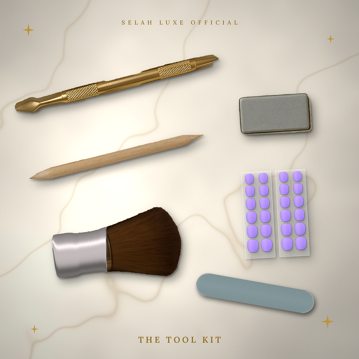 Flat lay of the Selah Luxe Official tool kit with brush, cuticle tools, buff block, nail file and adhesive pads