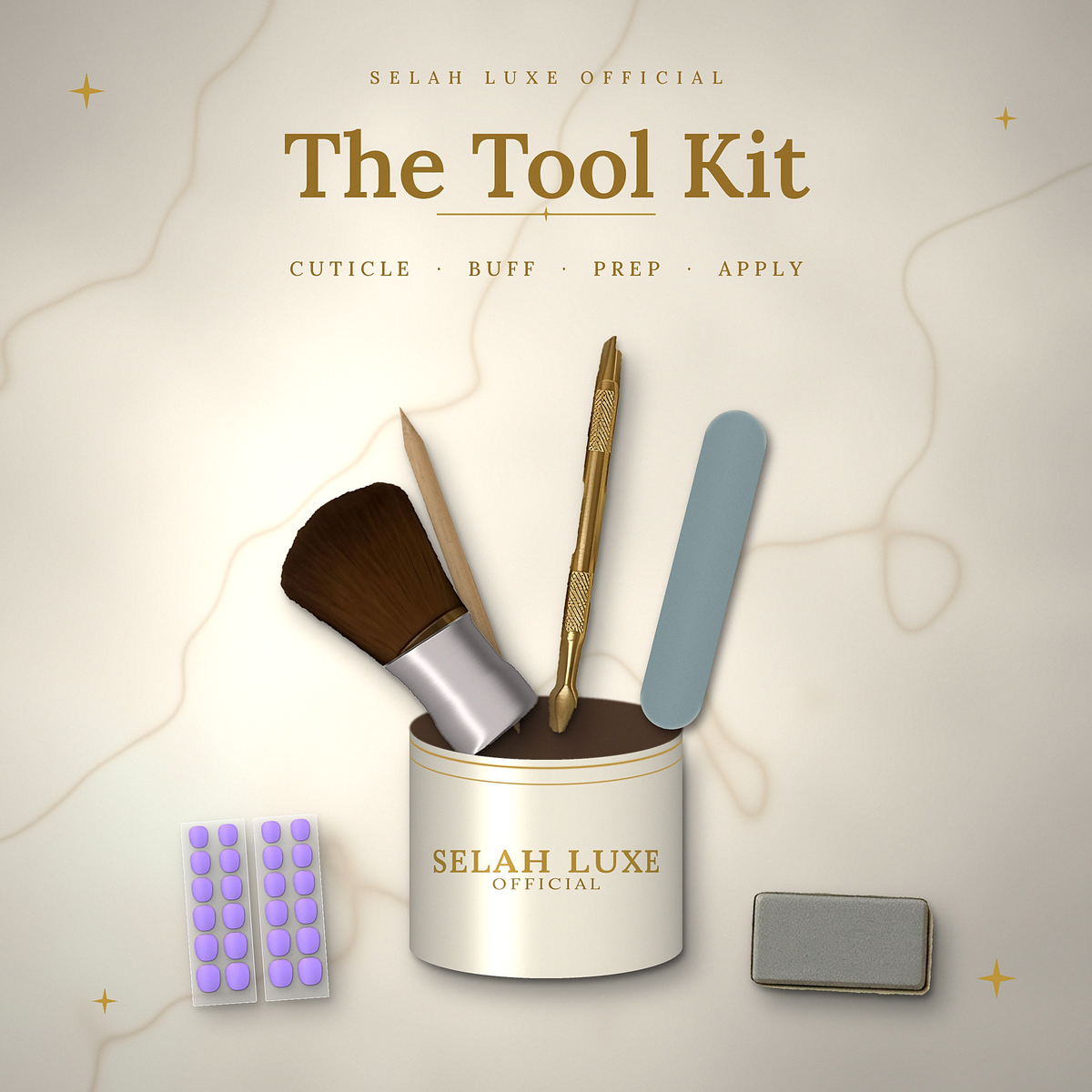 Selah Luxe Official tool kit with a brush, cuticle tools, nail file, buff block and adhesive pads around a cream container